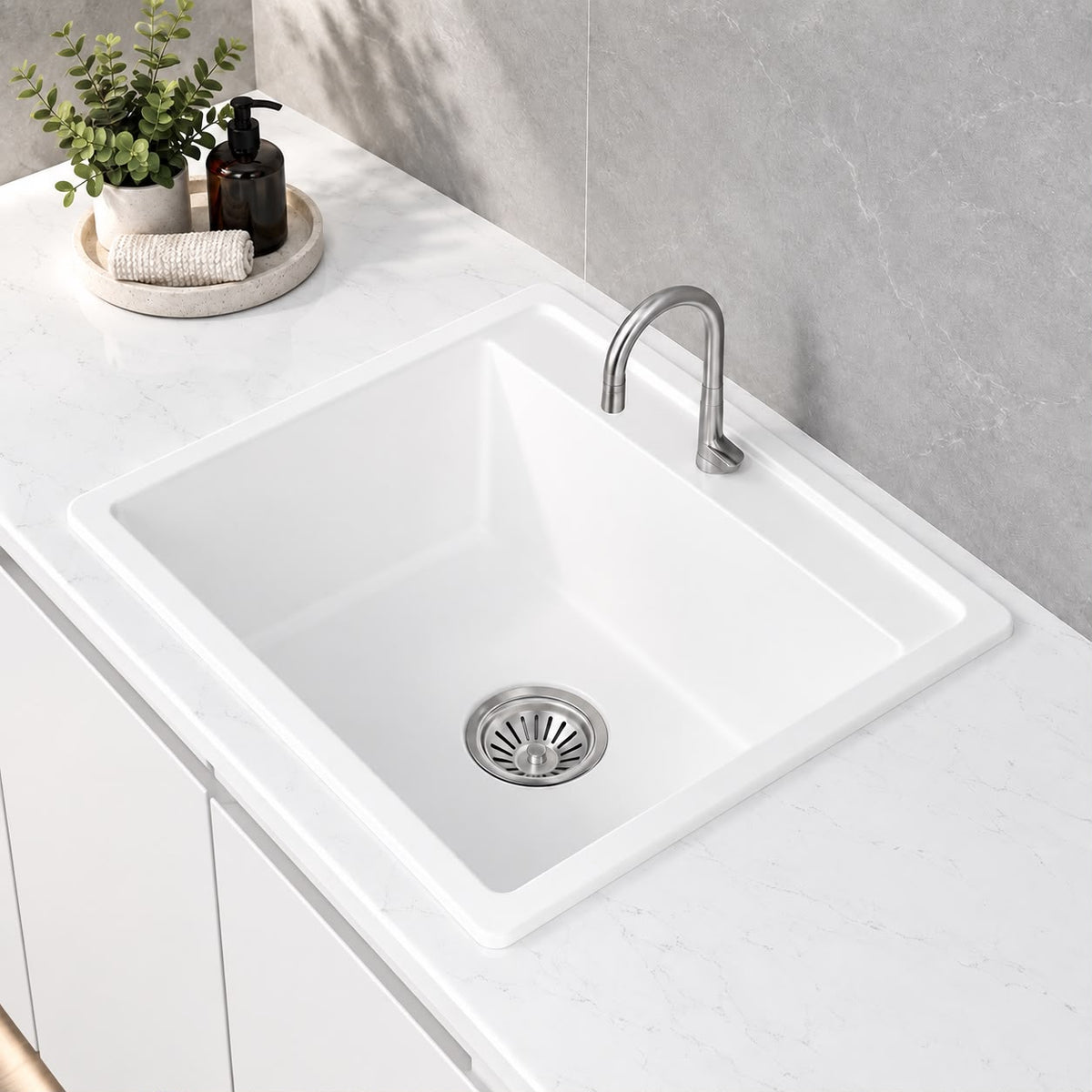 620mm Single Bowl White Granite Sink - 620 x 510 x 231mm