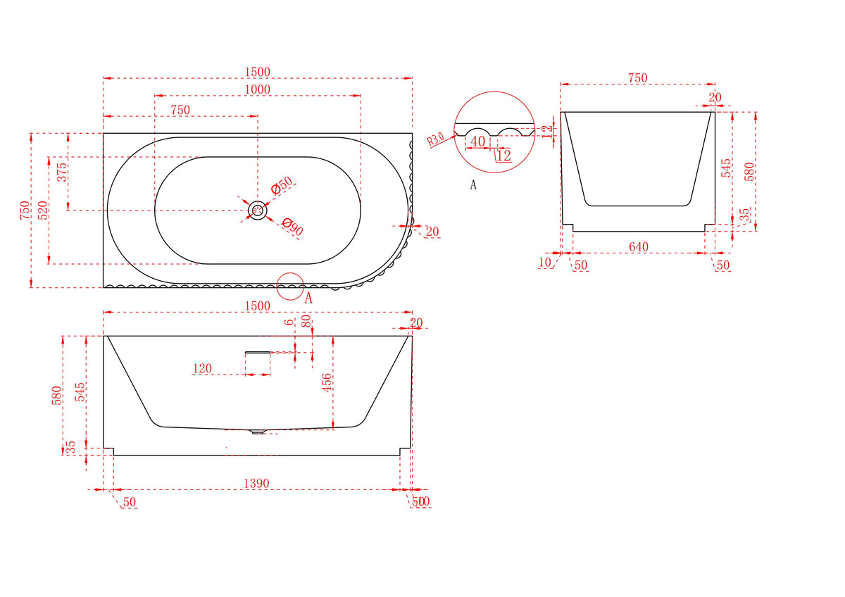 Artemus Fluted Right Hand Corner Matte White Freestanding Bath - 1500mm