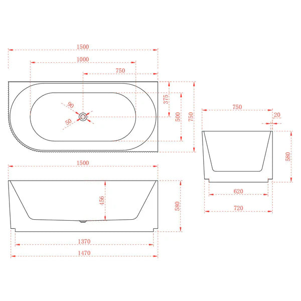 Avalon V-Groove Fluted Right-Hand Corner Matte Black Freestanding Bath - 1500mm – detail view