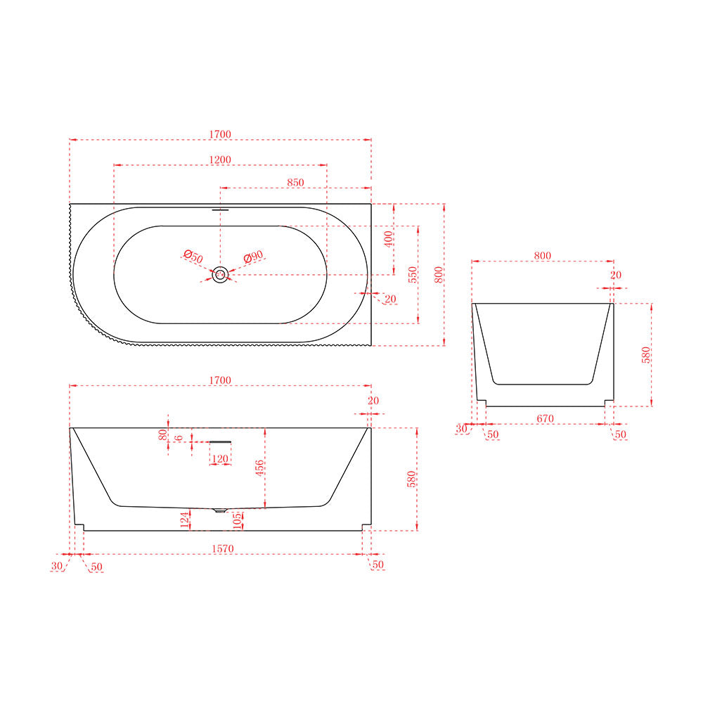 Avalon V-Groove Fluted Right-Hand Corner Matte Black Freestanding Bath - 1700mm – detail view