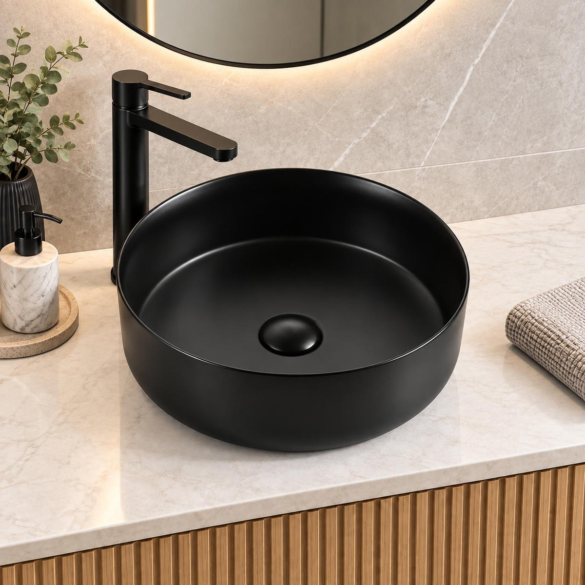 360mm Round Matte Black Above Counter Basin - 360x360x120mm