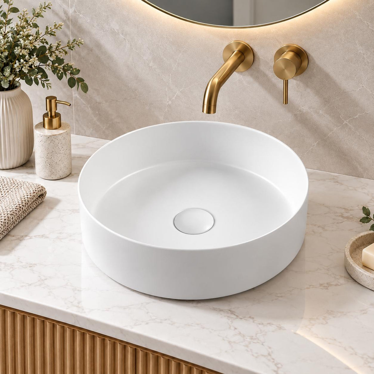 300mm Round Matte White Above Counter Basin - 300x300x110mm