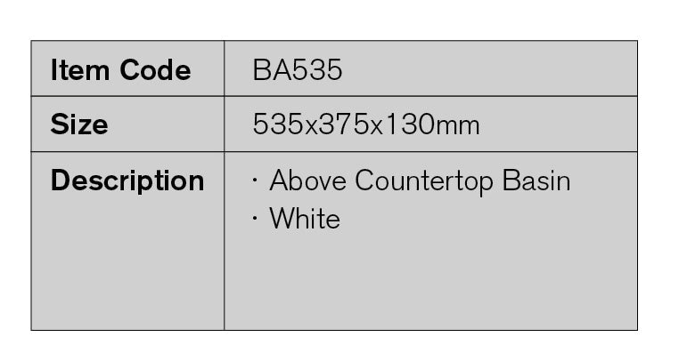 BA535 – 535x375x130mm Above Countertop Basin – detail view