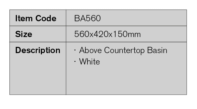 BA560 – 560x420x150mm Above Countertop Basin – detail view