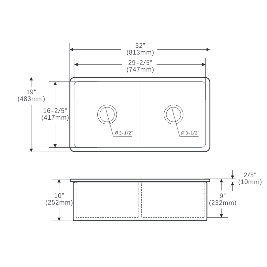 813x483x254mm Undermount Fireclay Butler Double Bowl Kitchen Sink – alternate view