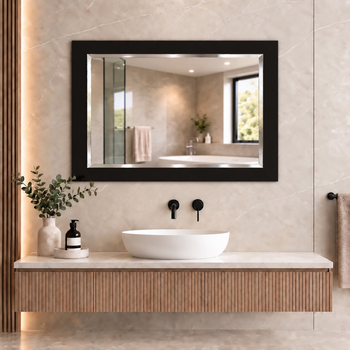 Rectangular Black Glass Framed Mirror - 900x750mm
