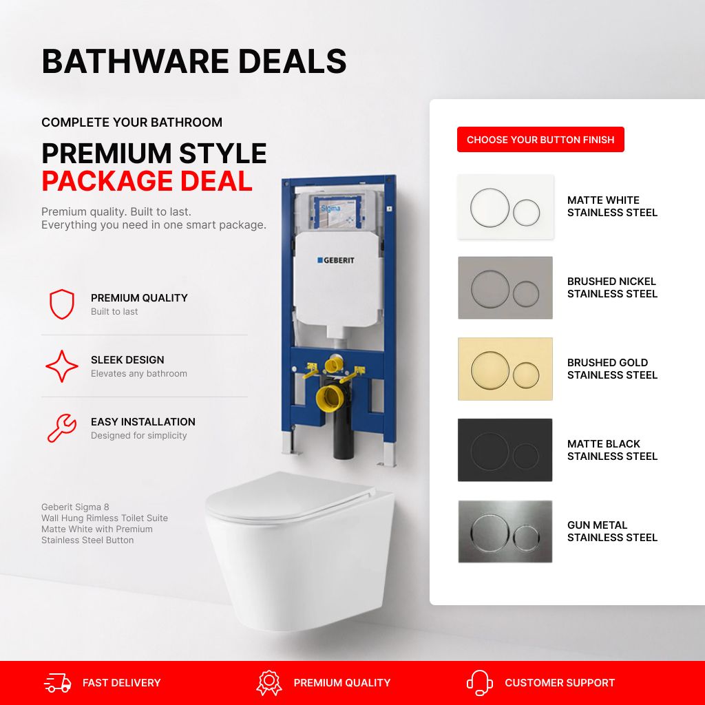 Geberit Sigma 8 Wall Hung Rimless Toilet Suite – Matte White with Premium Stainless Steel Button
