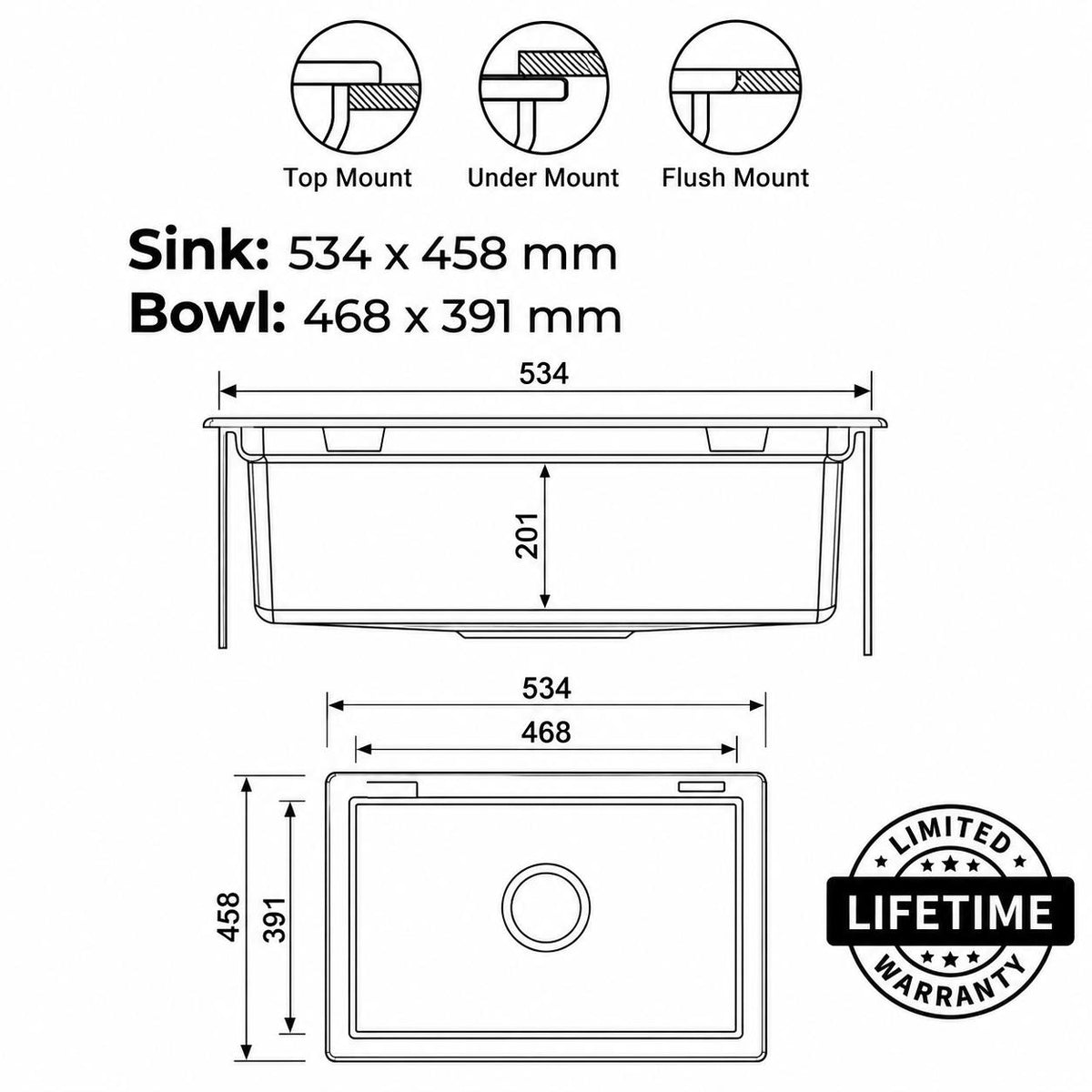 534mm Single Bowl Black Granite Sink - 534 x 458 x 201mm