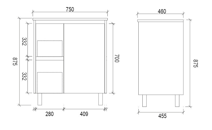 DM750L - 750x460x875mm Veneer Vanity with Ceramic Basin – alternate view