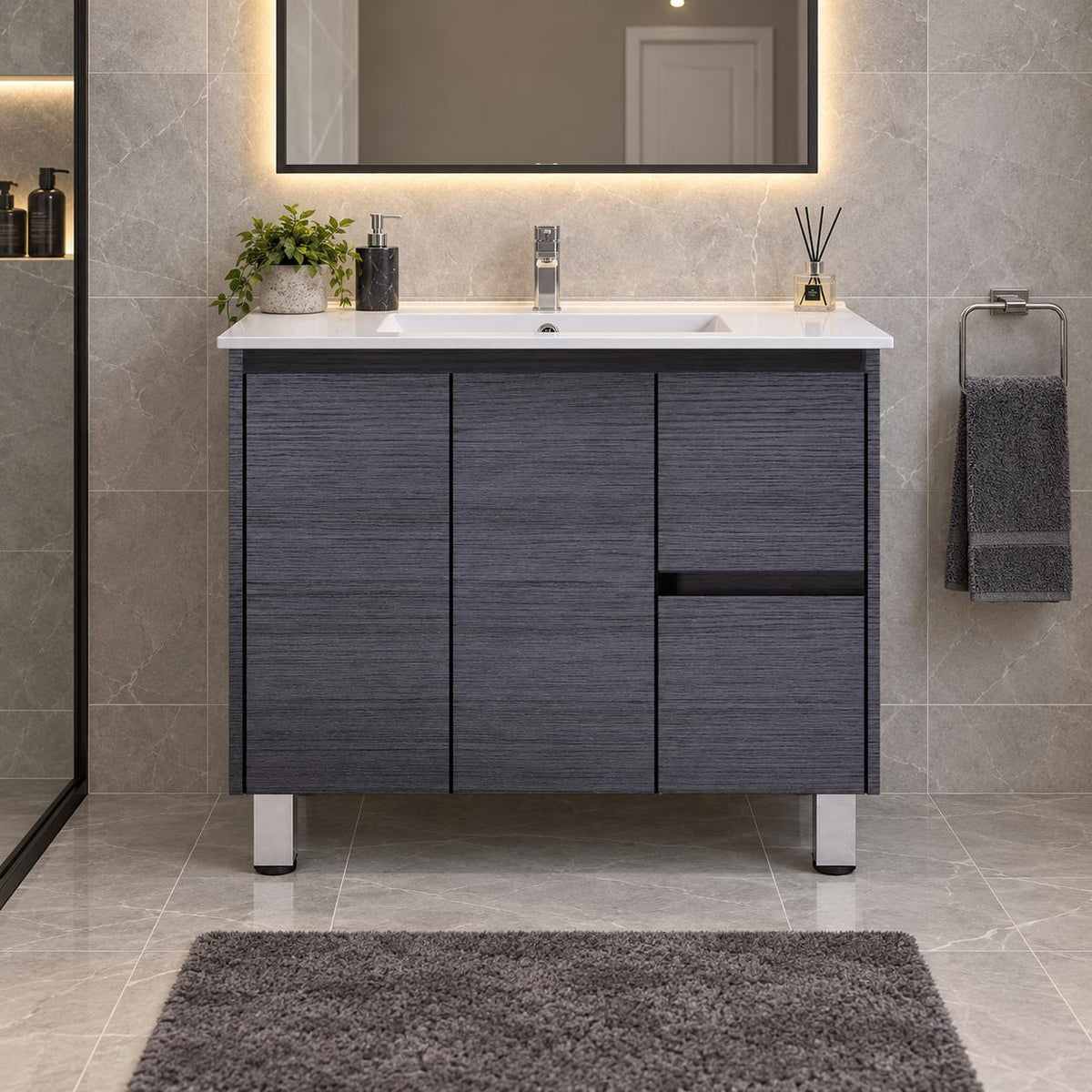 Georgia 900mm Dark Oak Vanity Right Hand Drawers on Legs - 900x460x875mm