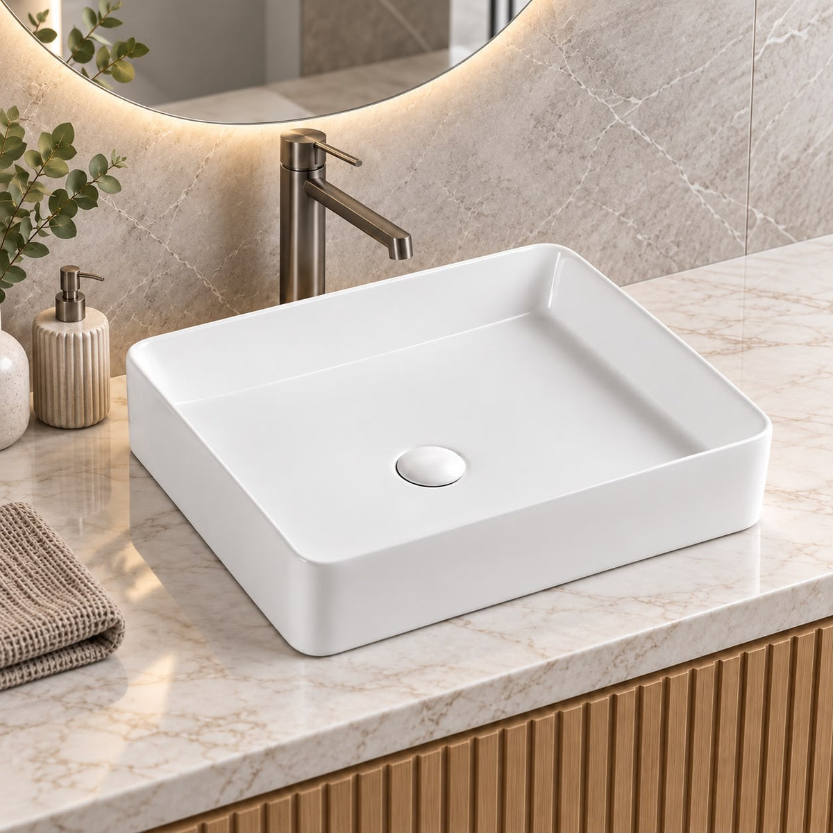 470mm Square Gloss White Above Counter Basin - 470x360x110mm