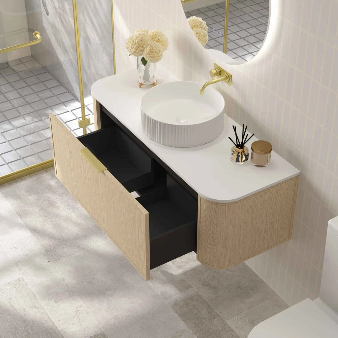 Elva 1200mm Natural Oak Wall Hung Vanity Single Bowl - 1200x455x390