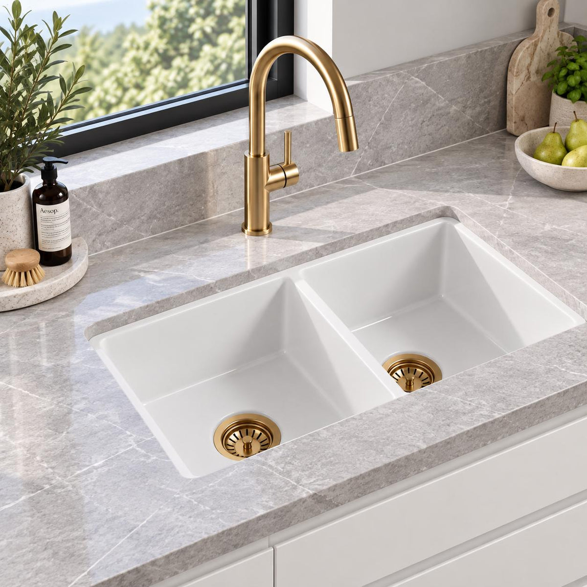 Fireclay Butler Sink Double Bowl Undermount - 813x483x254mm