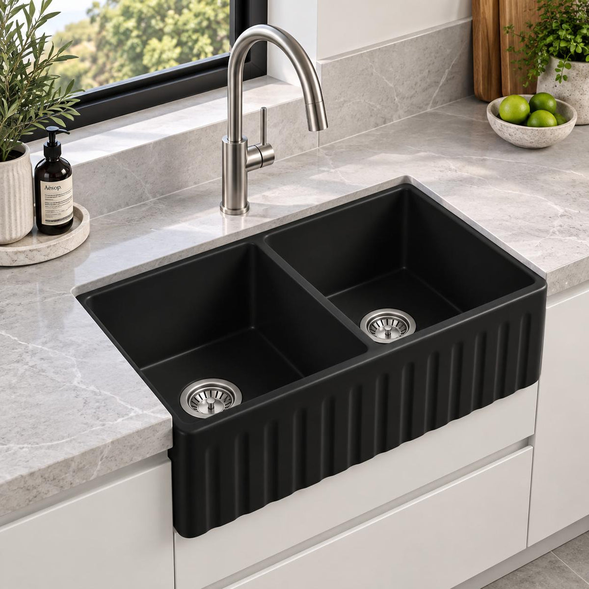 Fireclay Butler Sink Double Bowl Farmhouse Matte Black - 835x508x254mm