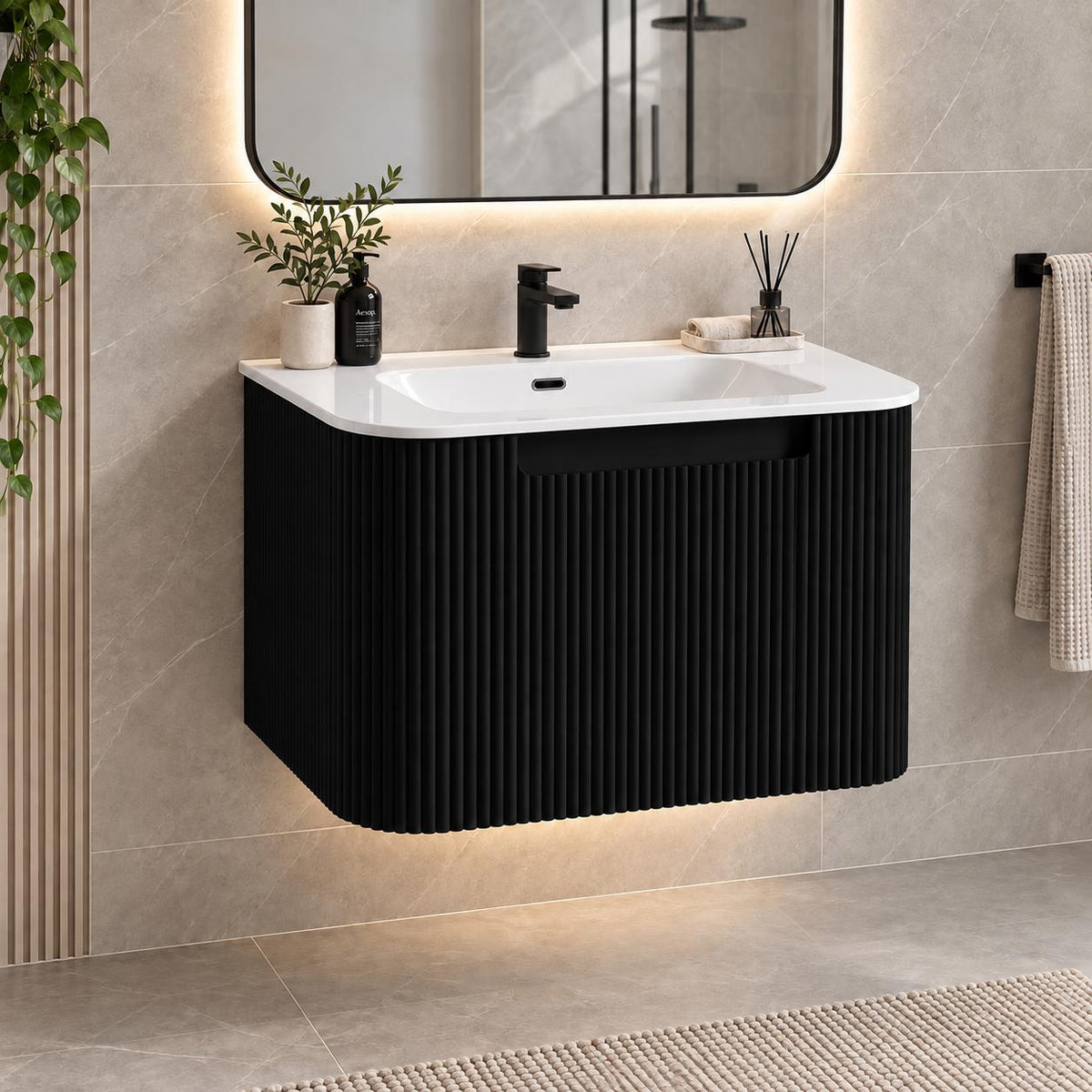 Jackson 600mm Matte Black Fluted Wall Hung Vanity Draw Only - 600x460x420mm