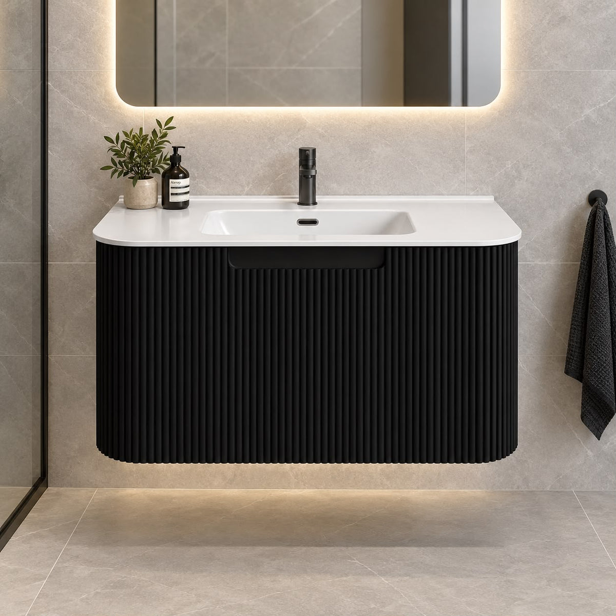 Jackson 750mm Matte Black Fluted Wall Hung Vanity Draw Only - 750x460x420mm