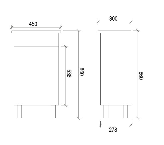 FP450 - 450x300x860mm High Gloss Polyurethane Vanity with Ceramic Basin – alternate view