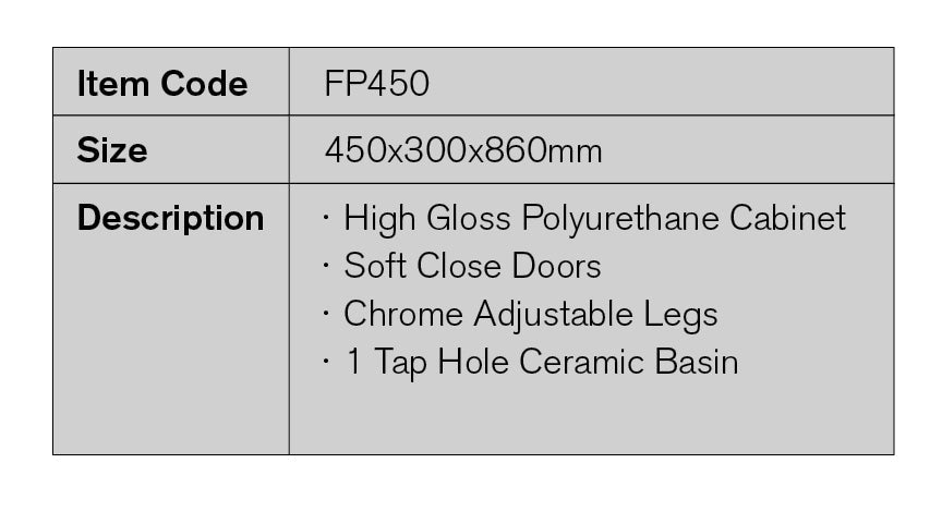 FP450 - 450x300x860mm High Gloss Polyurethane Vanity with Ceramic Basin – detail view