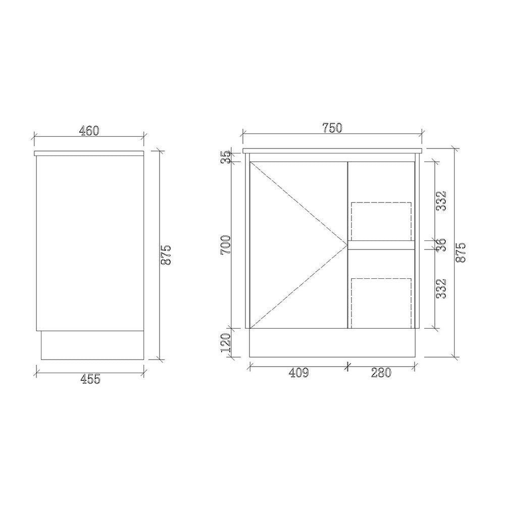 FP750R-KB - 750x460x880mm Kickboard MDF Vanity with Ceramic Basin – alternate view
