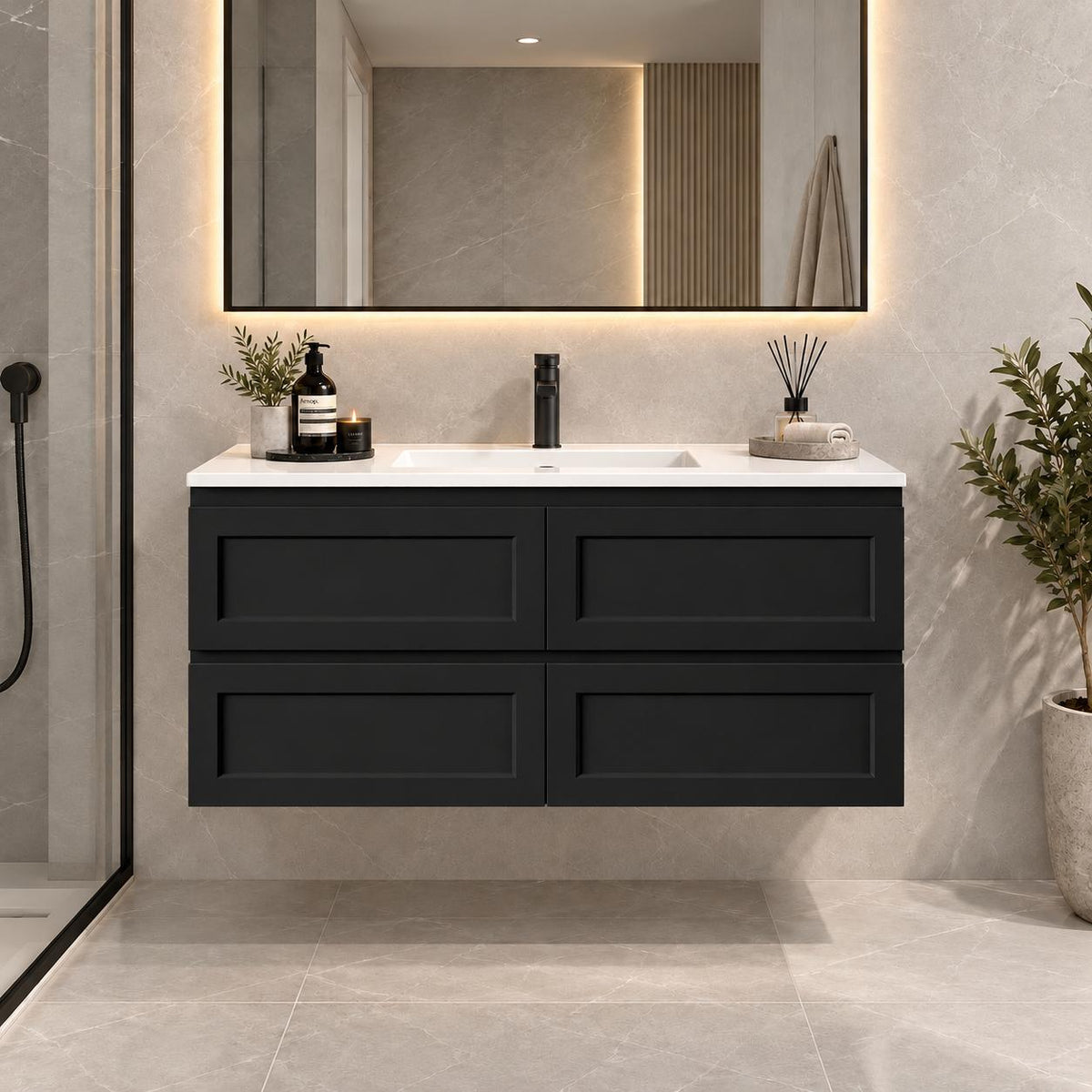 Fremantle 1200mm All Draw Wall Hung Vanity Matte Black - 1200x475x545