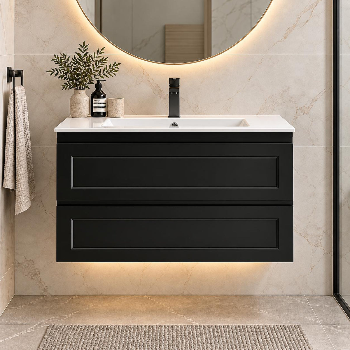 Fremantle 900mm All Draw Wall Hung Vanity Matte Black - 900x475x545