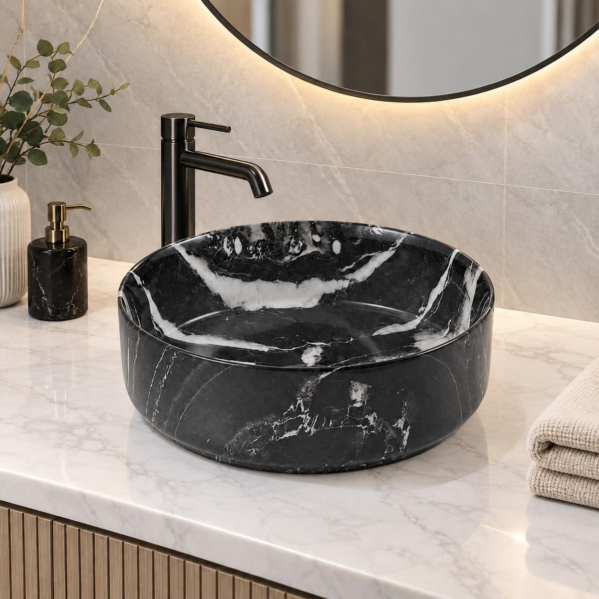 365mm Round Black Calcutta Above Counter Basin - 365x365x120mm
