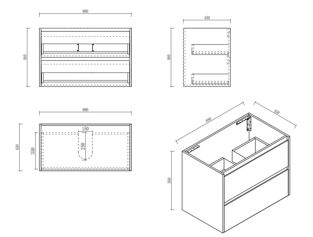 Hera 900mm Vanity Wall Hung - 900x450x560mm