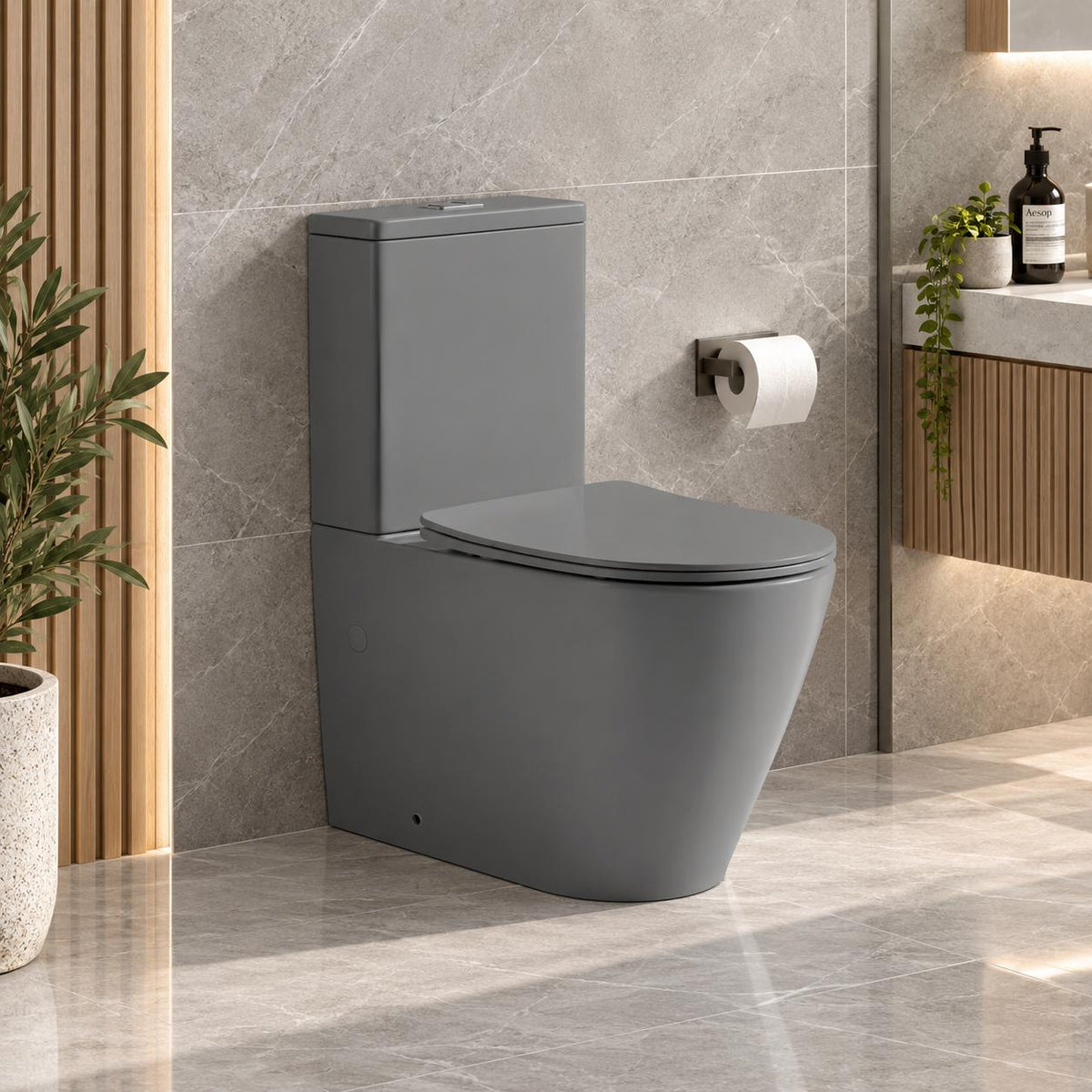 Damian Rimless Tornado Quiet Flush Toilet Suite – Matte Grey