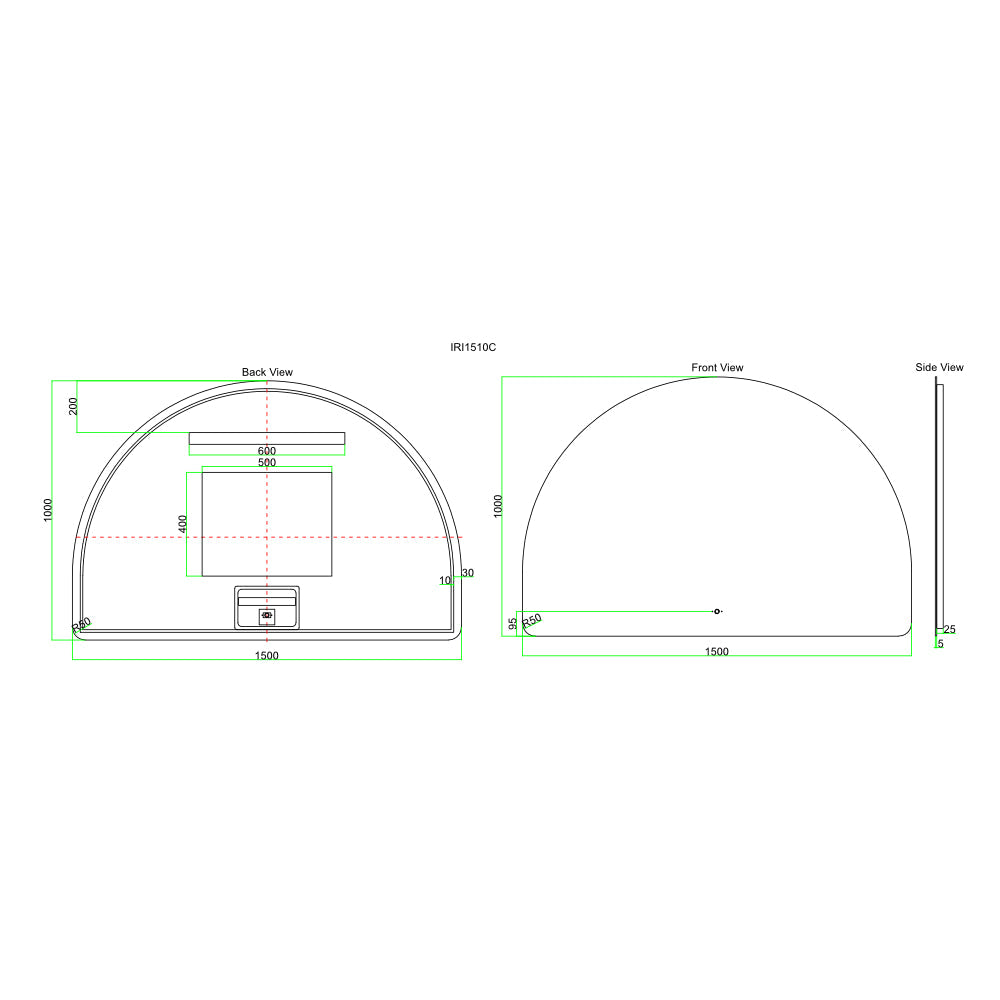 LED1500M - 1500x1000x5mm Copper Free Half Moon Shape LED Mirror – alternate view