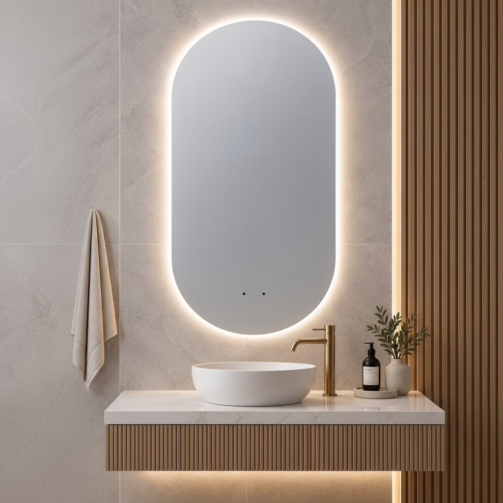 LED Pill Shaped Pencil Edge Mirror Backlit - 900 x 450mm