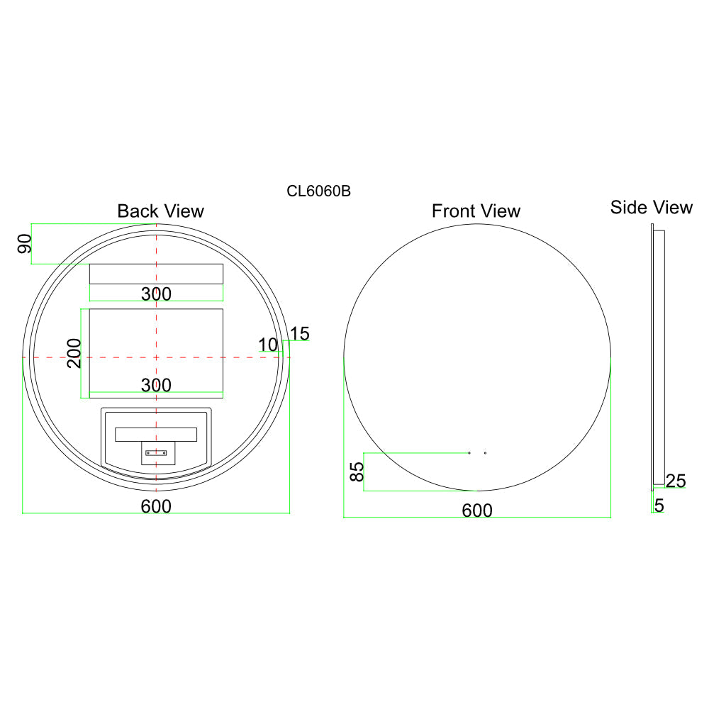 LED600 - 600x600x5mm Pencil Edge Copper Free Round LED Mirror – alternate view