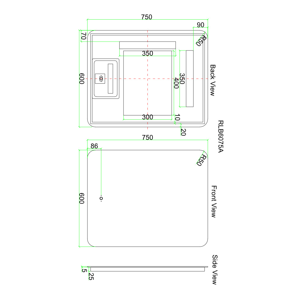 LED6075S - 600x750x5mm Copper Free Rectangular Shape LED Mirror – alternate view