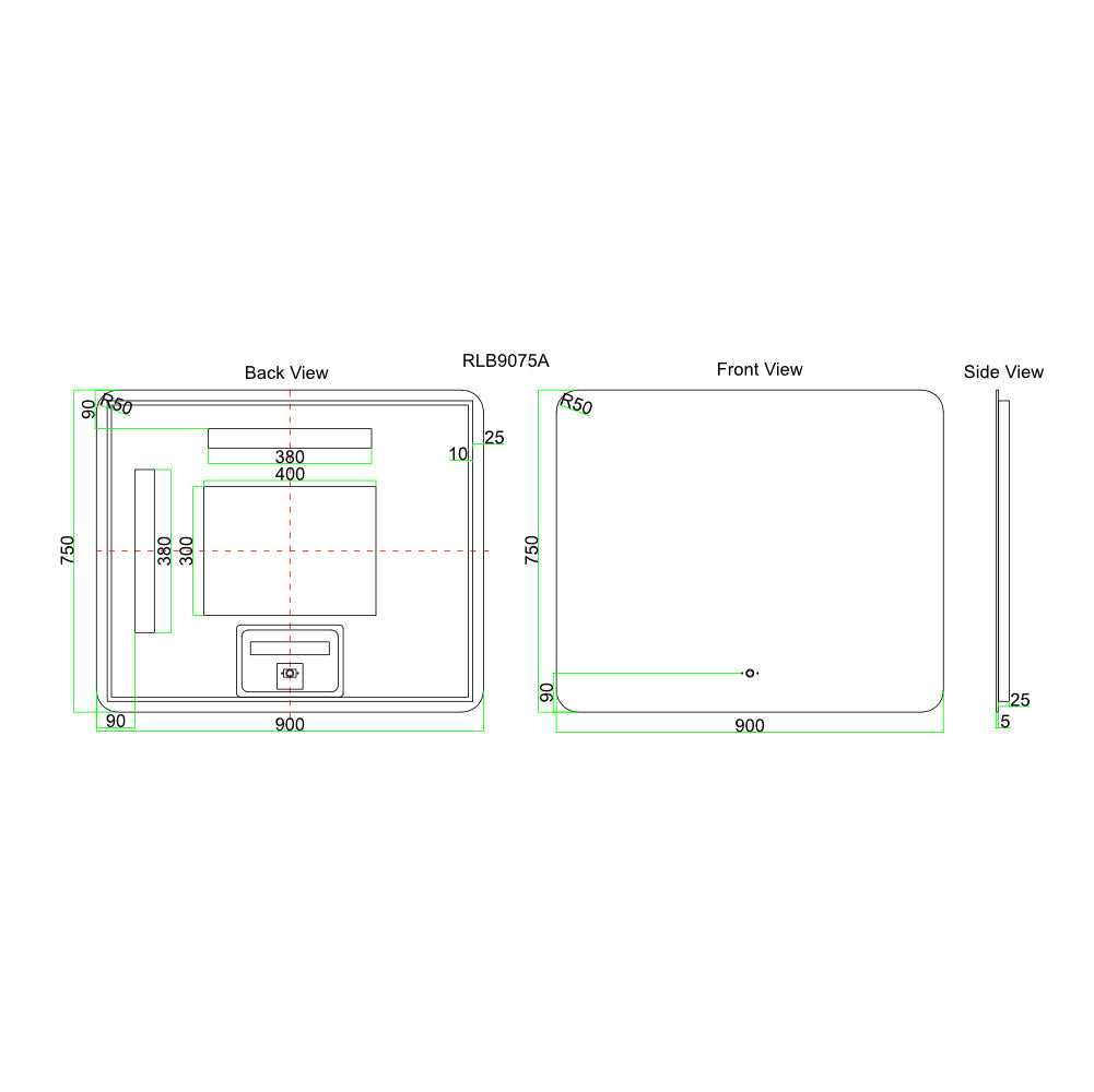 LED9075S - 900x750x5mm Copper Free Rectangular Shape LED Mirror – alternate view