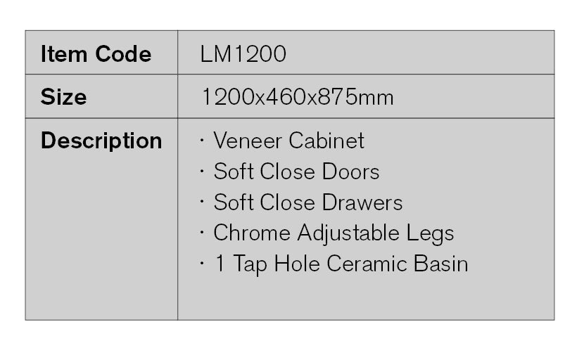LM1200 - 1200x460x875mm Veneer Cabinet Vanity with Ceramic Basin – detail view