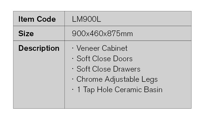 LM900L - 900x460x875mm Veneer Cabinet Vanity with Ceramic Basin – detail view