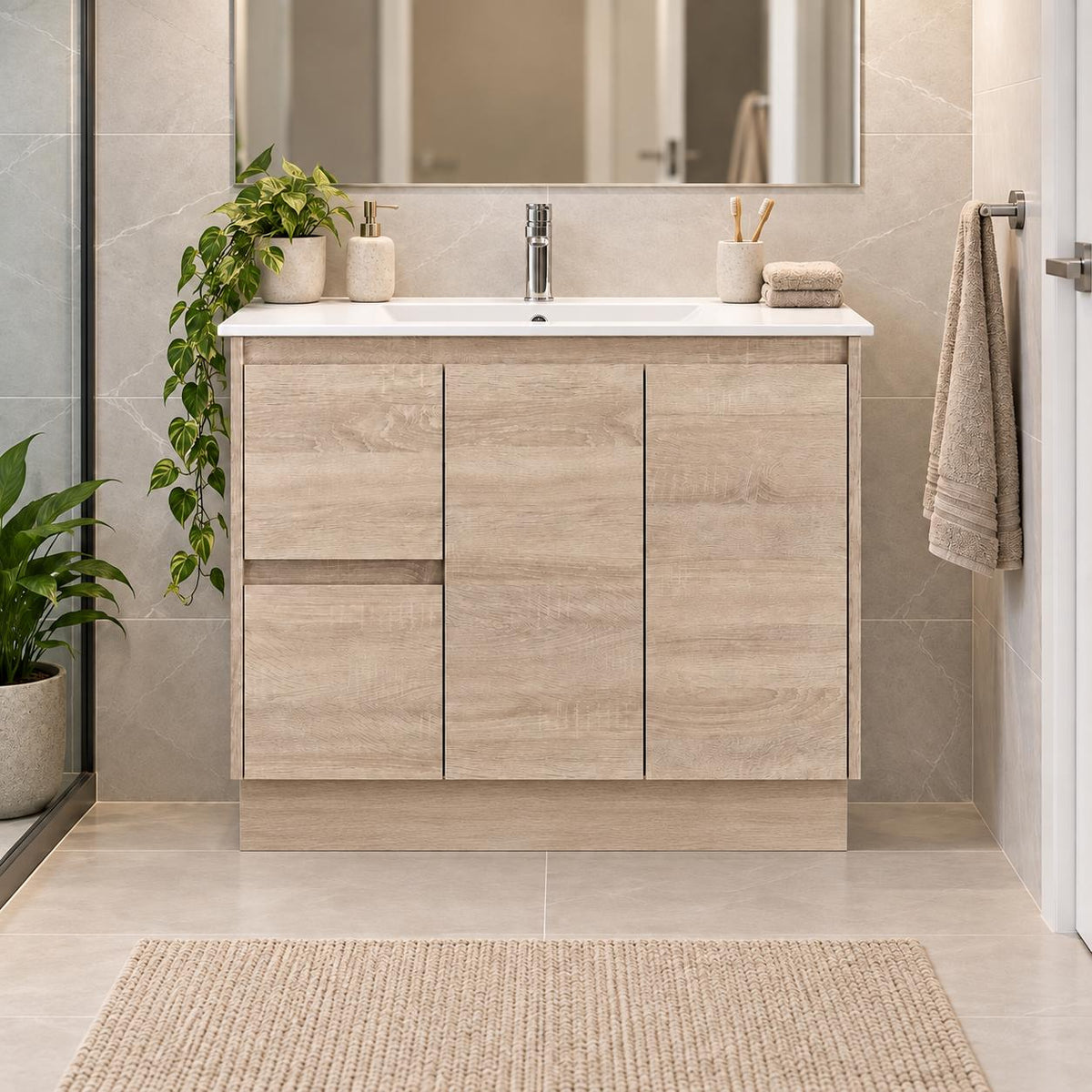 Gina 900mm Light Oak Vanity Left Hand Drawers Kickboard - 900x460x880mm