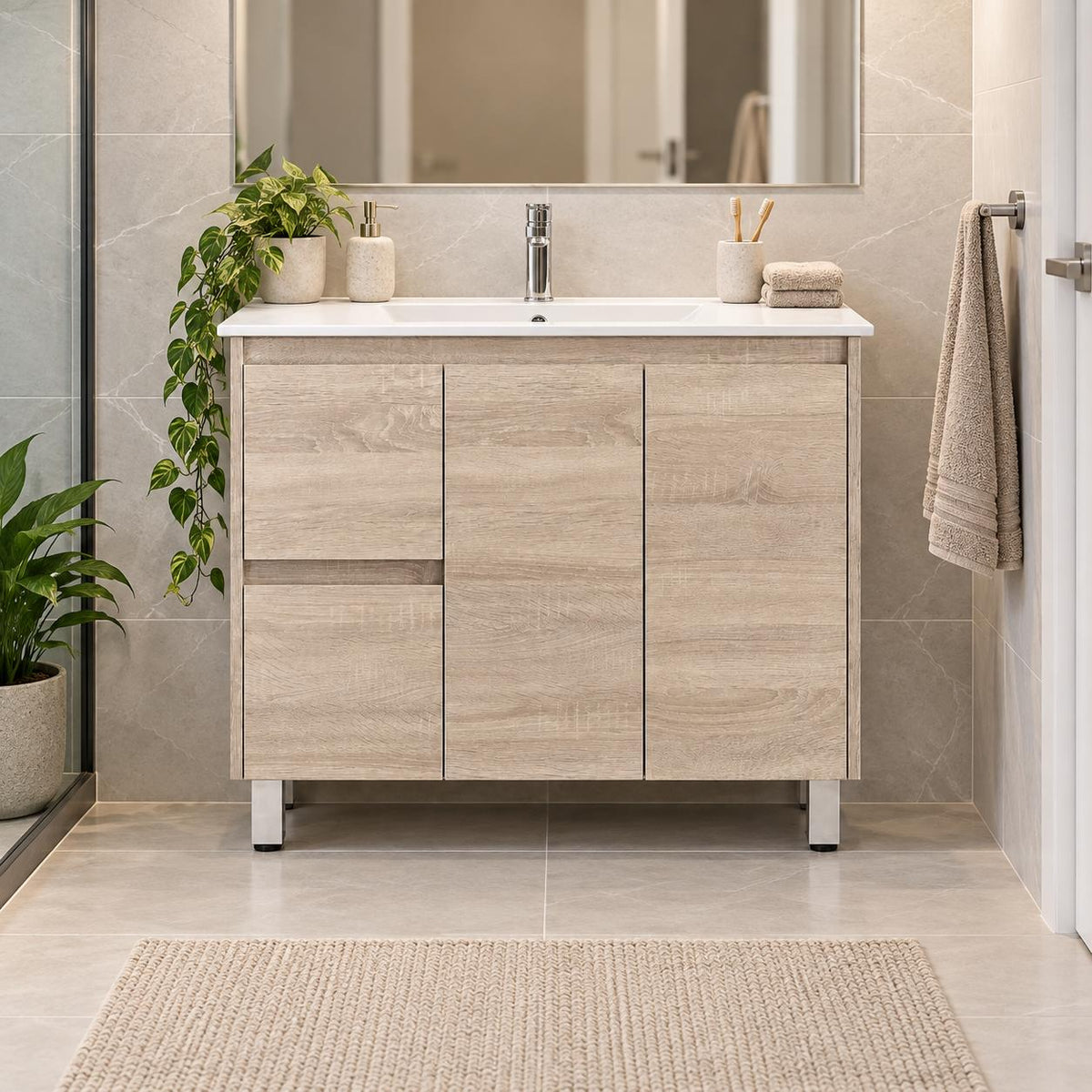 Gina 900mm Light Oak Vanity Left Hand Drawers on Legs - 900x460x880mm