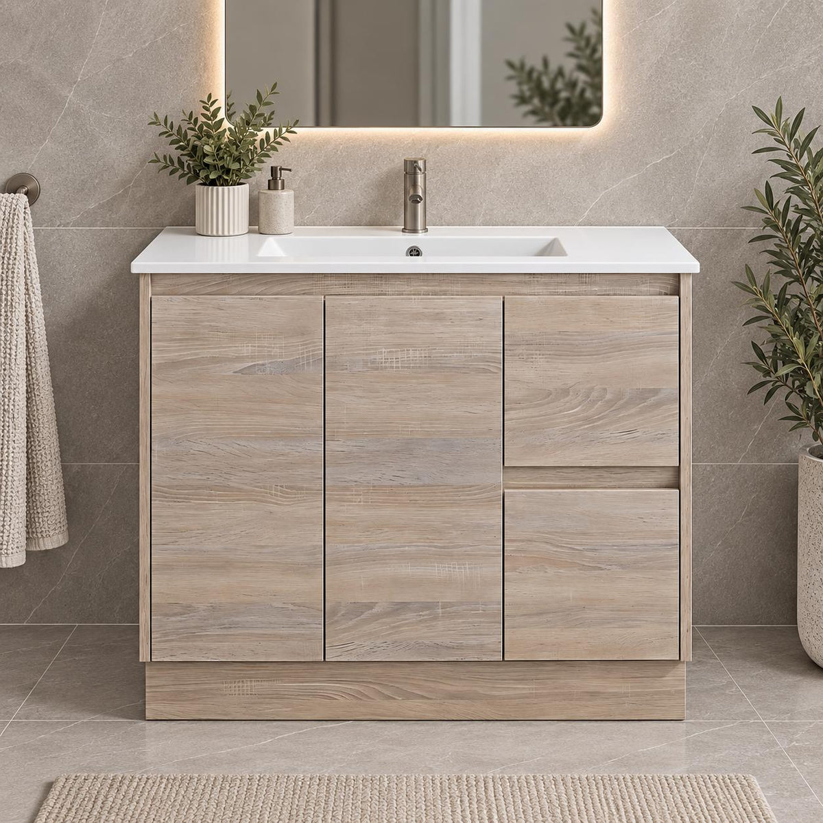 Gina 900mm Light Oak Vanity Right Hand Drawers Kickboard - 900x460x880mm