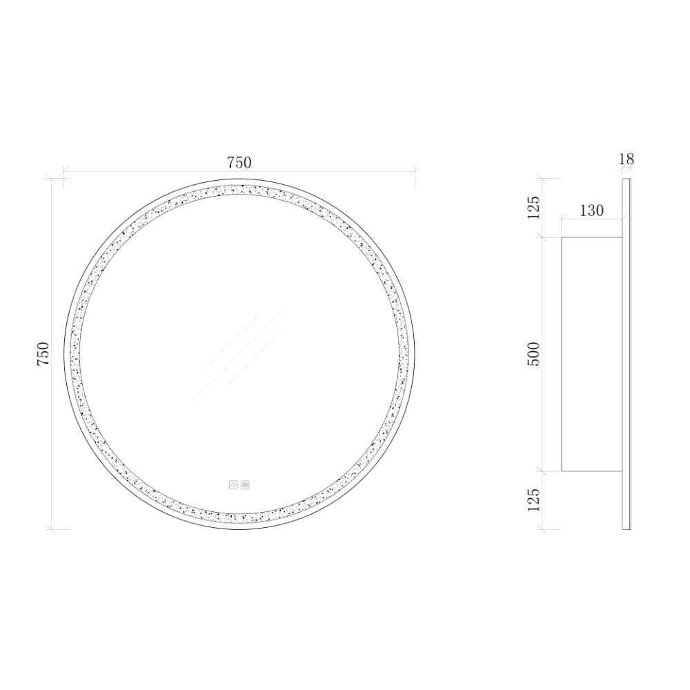 LSC750 - 750x130mm Matte White Polyurethane Round LED Cabinet with Pencil Edge Mirror – detail view