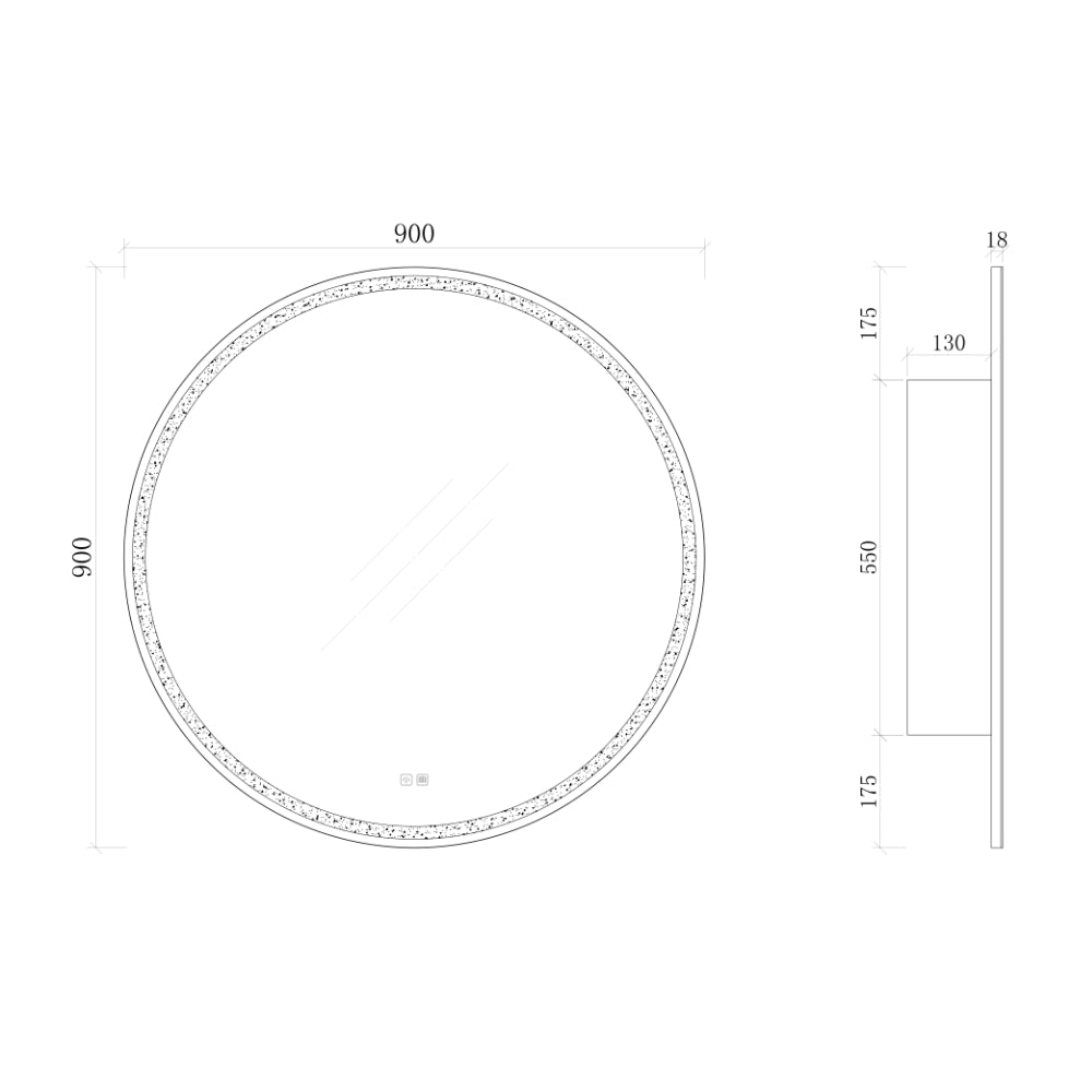 LSC900 - 900x130mm Matte White Polyurethane Round LED Cabinet with Pencil Edge Mirror – detail view
