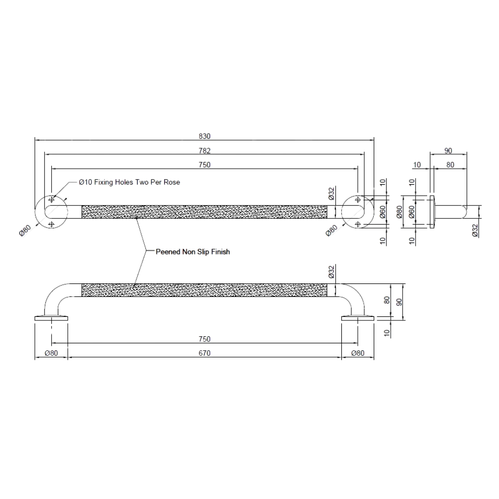 Metlam Straight Grab Rail Peened - 300mm - 750mm