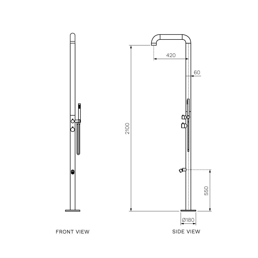 Parisi Envy II Outdoor Shower Column with Square Shower Arm and Fixed Overhead Shower