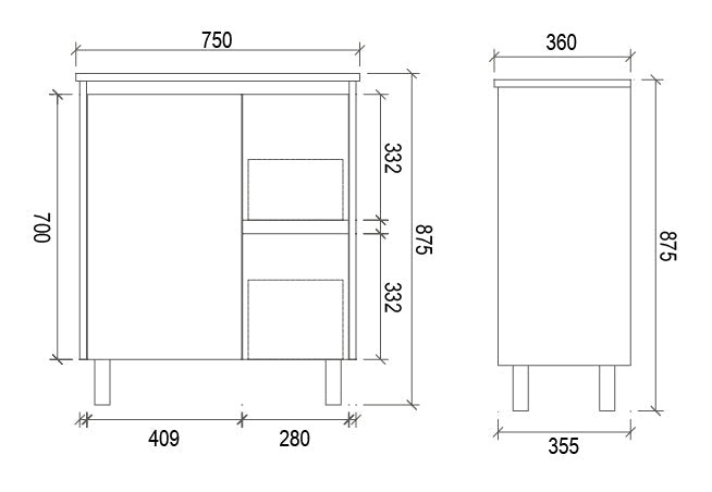 PE750R - 750x360x875mm PVC Waterproof Vanity with Ceramic Basin – alternate view