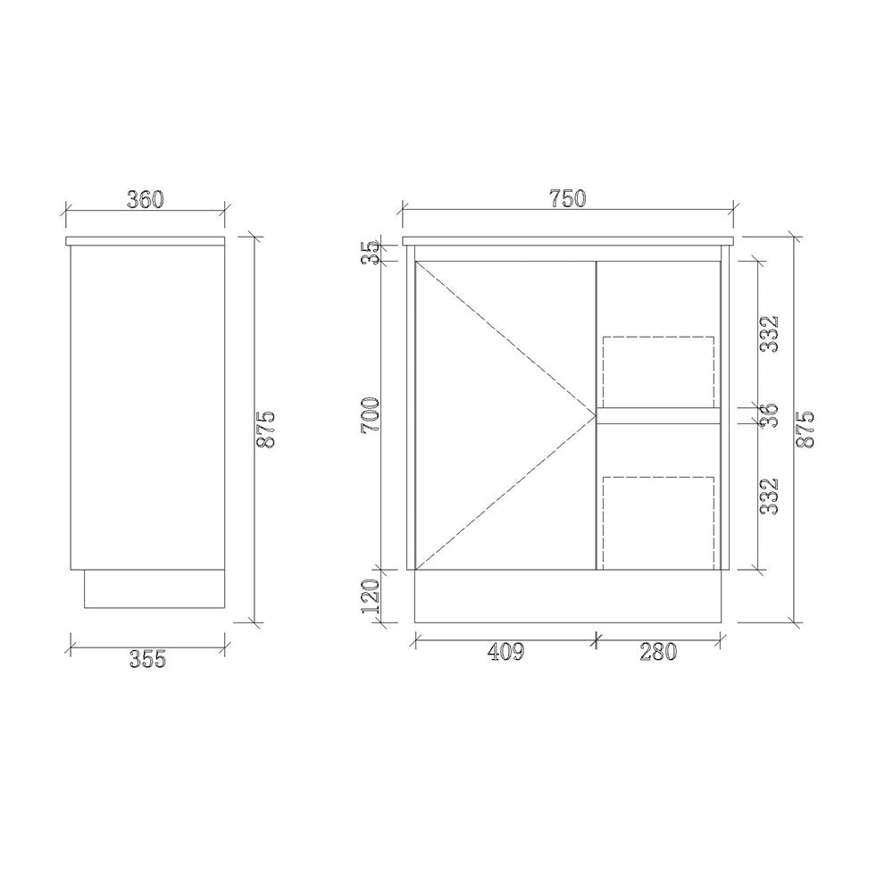 PE750R-KB - 750x360x880mm Kickboard PVC Waterproof Vanity with Ceramic Basin – alternate view