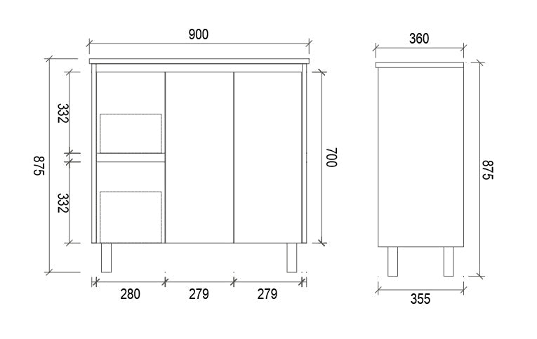 PE900L - 900x360x875mm PVC Waterproof Vanity with Ceramic Basin – alternate view