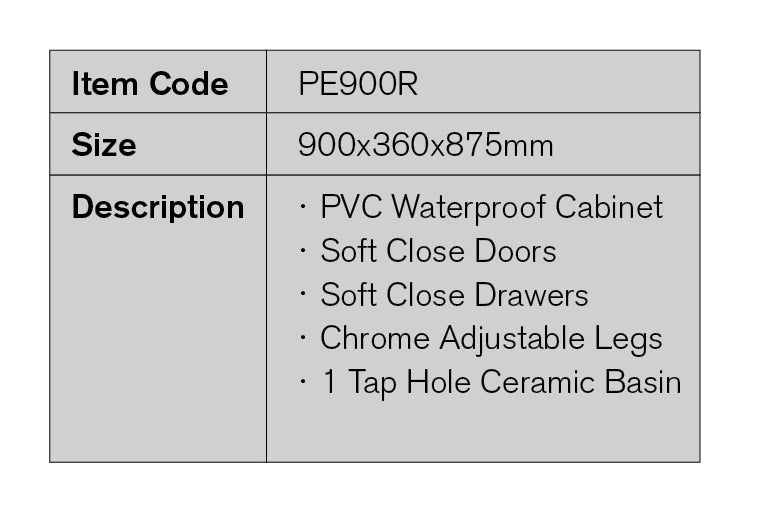 PE900R - 900x360x875mm PVC Waterproof Vanity with Ceramic Basin – detail view