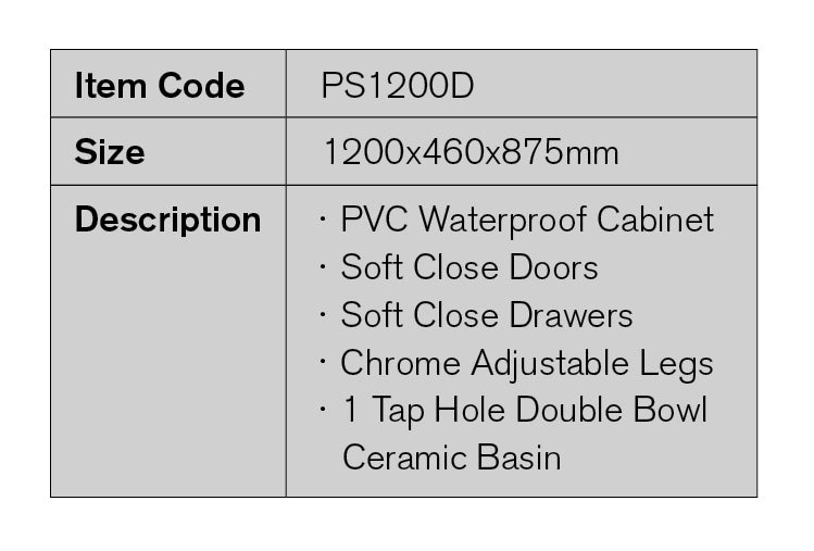 PS1200D - 1200x460x875mm PVC Waterproof Vanity with Double Bowl Ceramic Basin – detail view
