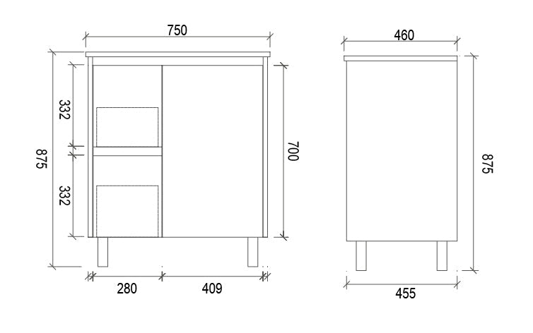 PS750L - 750x460x875mm PVC Waterproof Vanity with Ceramic Basin – alternate view