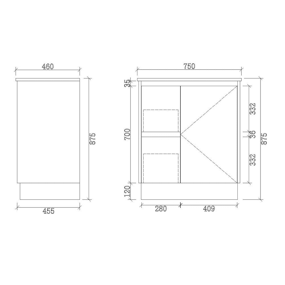 PS750L-KB - 750x460x880mm Kickboard PVC Waterproof Vanity with Ceramic Basin – alternate view