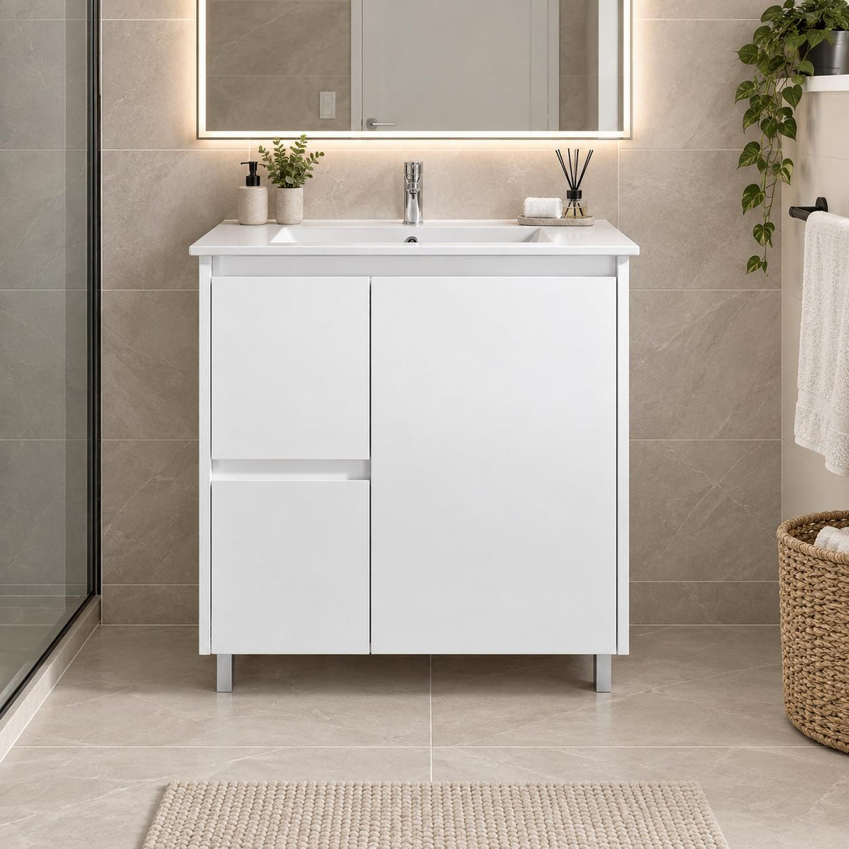 Paula 750mm PVC Slim Vanity Left Hand Draws on Legs 1th - 750x360x875mm